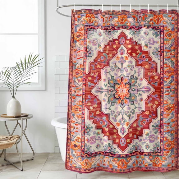 Orange Red Boho Waterproof Fabric Shower Curtain,Vintage Flower Tribal Distressed Printed Waterproof Fabric Shower Curtain for Bathroom Bathtubs Shower Curtains with 12 Hooks Extra Long 72x96