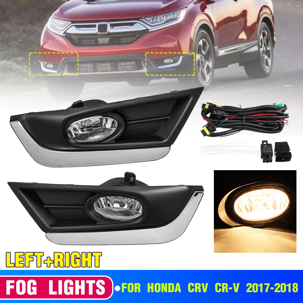 Fit 2017-2018 Honda CR-V Chrome Trims Bumper Fog Lights w/Switch+Wiring+Bulbs