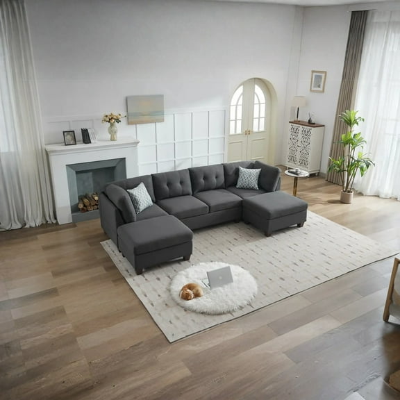 Hommoo U-Shaped Upholstered Modular Sectional Sofa, Double Chaise Corner Sofa Couch, Living Room Sofa Set for Home, Dark Gray
