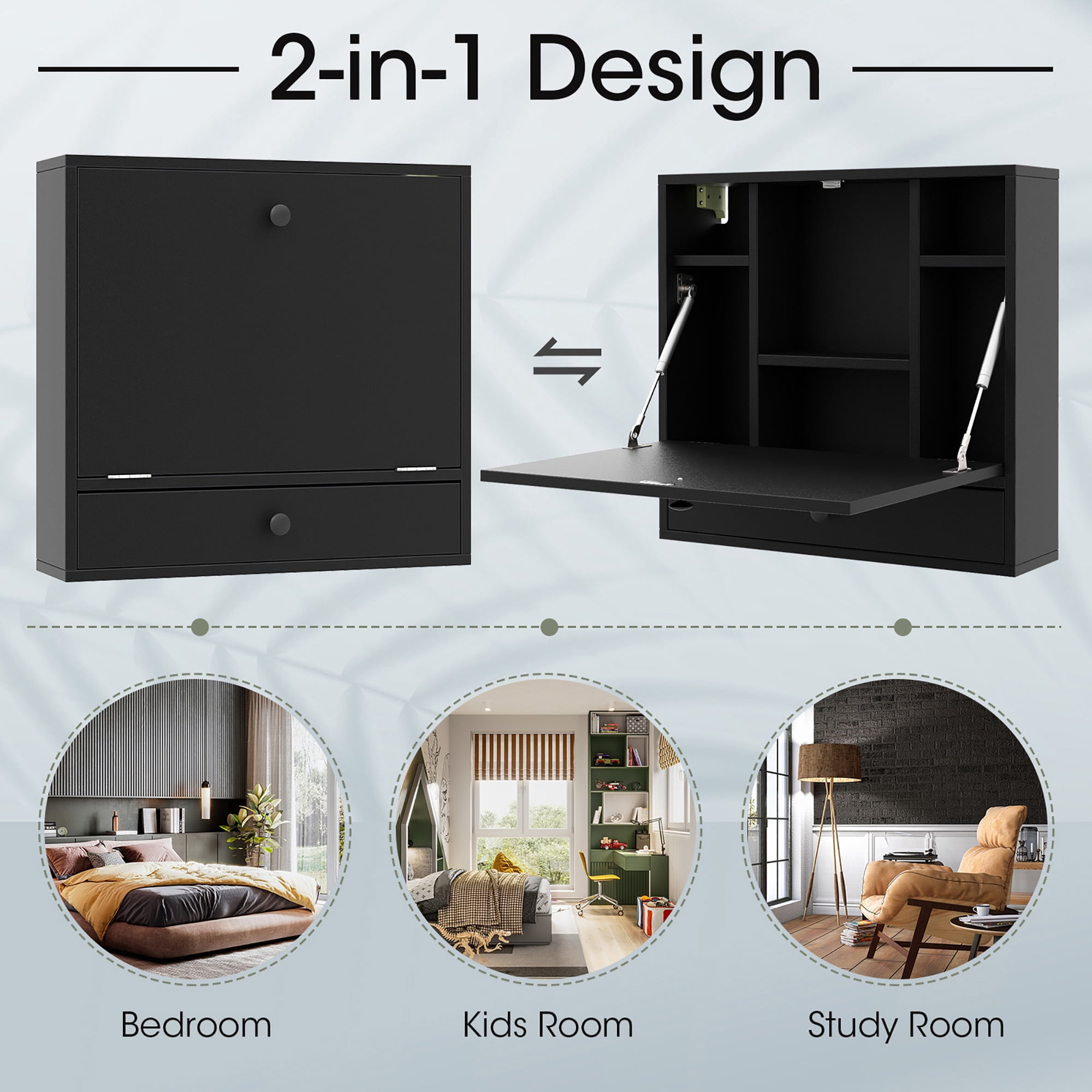 Gymax Wall-mounted Desk Floating Computer Workstation w/ Storage Shelves Home Office Black