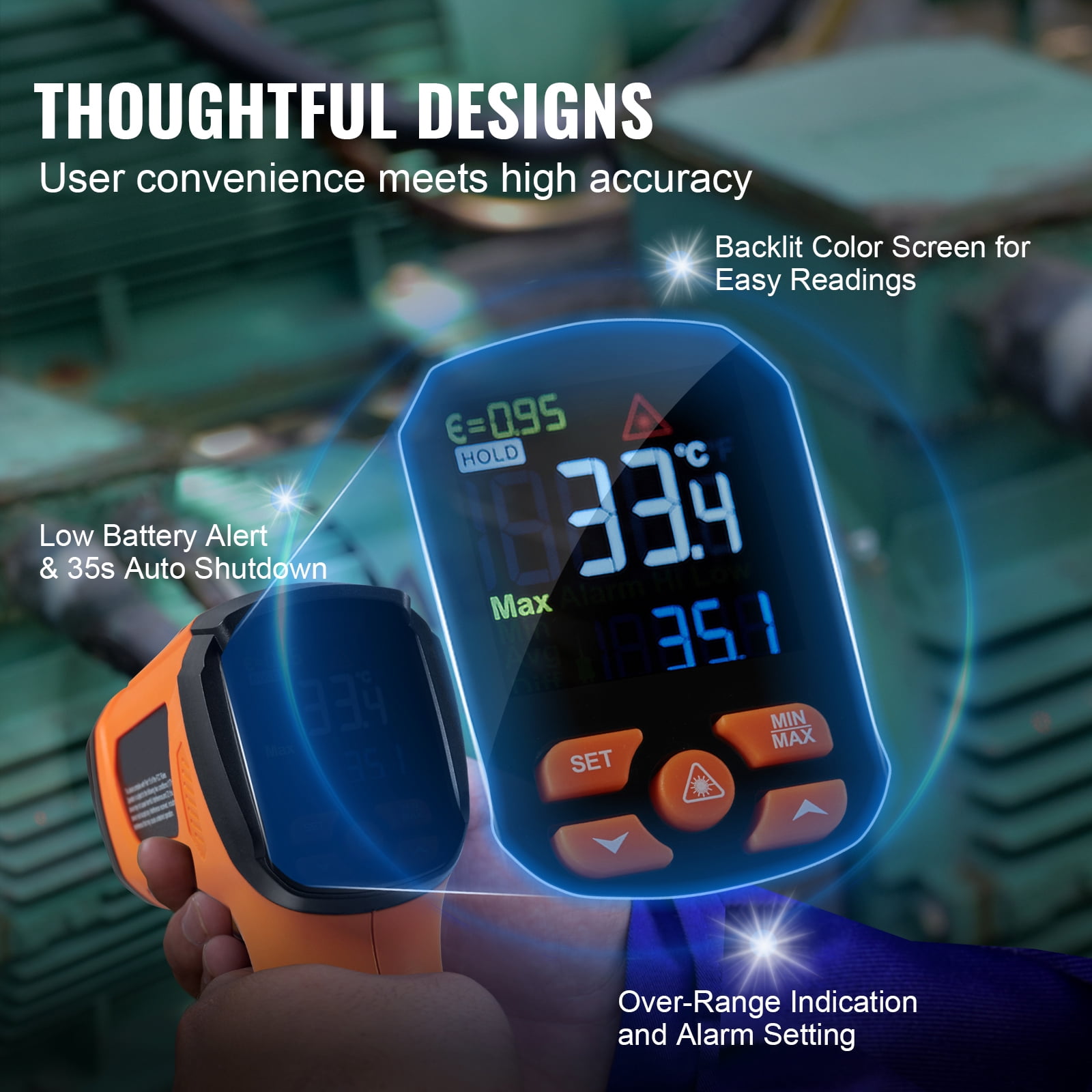KFFKFF Infrared Thermometer, -40~2732°F Dual Laser Temperature Gun, Digital Laser for Cooking, Pizza Oven, Grill & Engine, IR Temp with Adjustable Emissivity Max-Min Measure