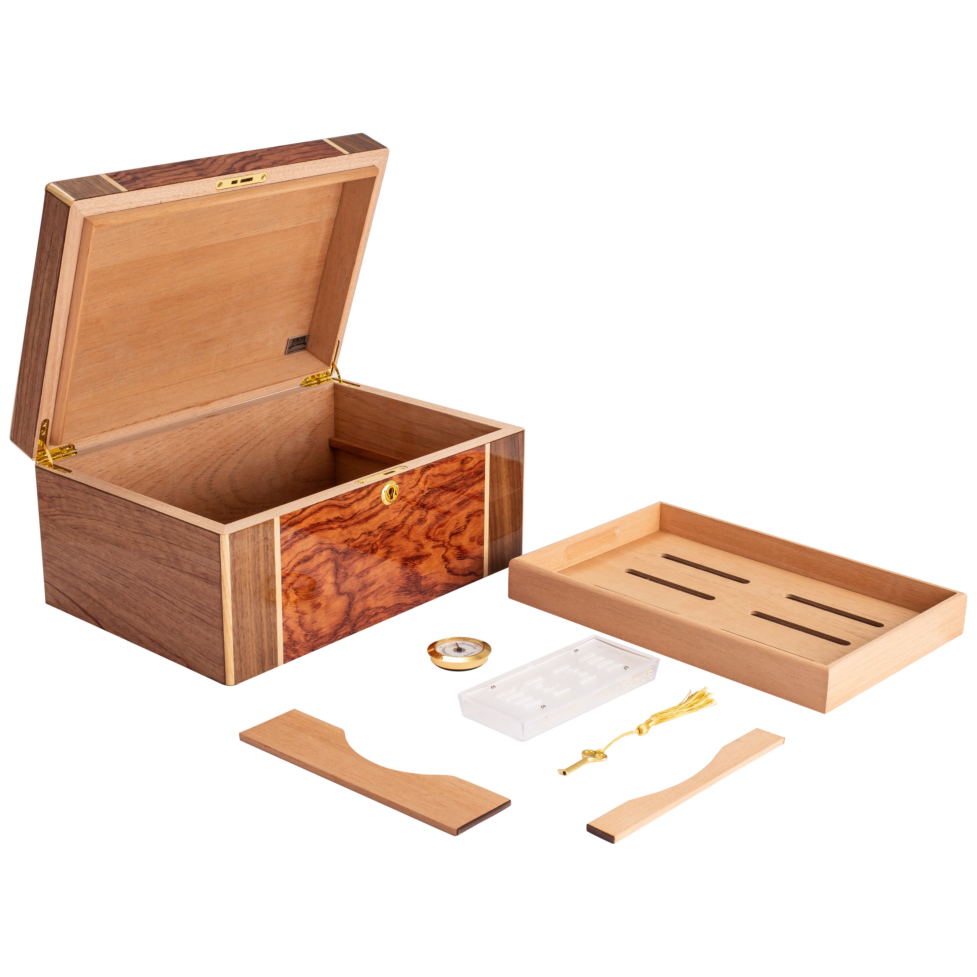 Humidor Supreme Amarone Desktop Cigar Humidor, High-Gloss Walnut, Mapa Burl Bubinga Wood