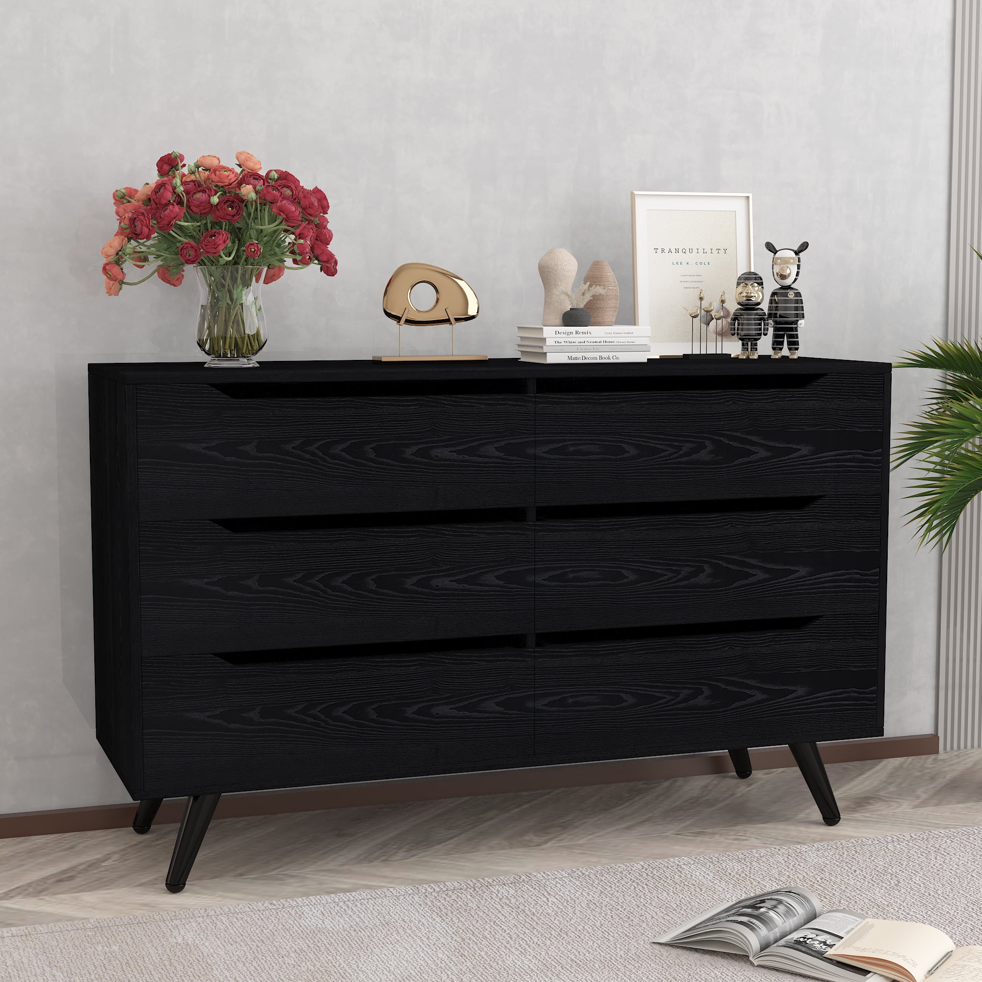 HARBOURSIDE 6-Drawer Dresser, Modern Mid-Century Chest for Bedroom, Living Room, Black