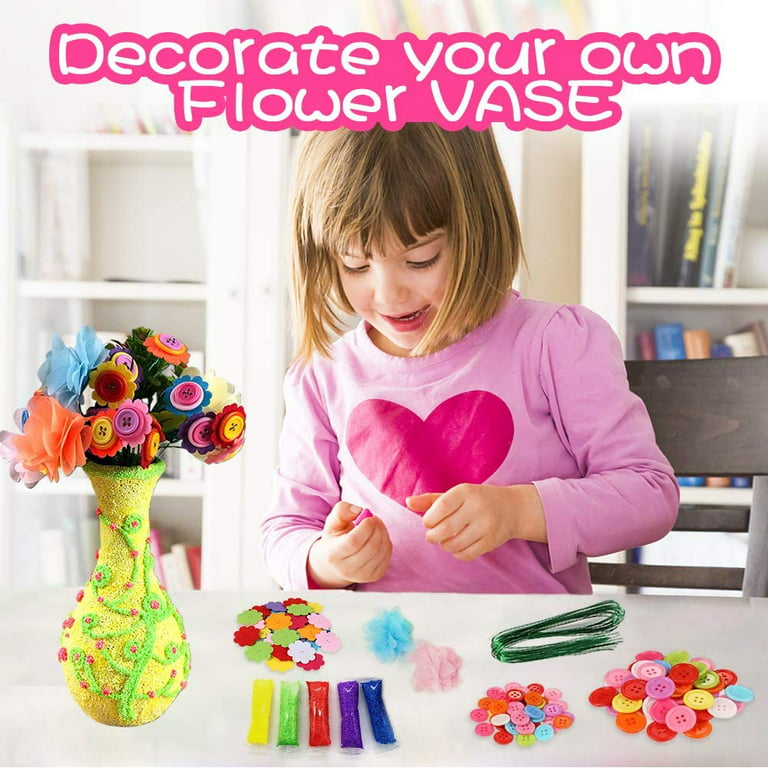 Flower Bouquet with Buttons Vase for Kids Age 4-8 Flower Craft Kit for 4 5  6 7 8 Year Old Girls Boys Art Supplies for Children Age 5 6 7 8 DIY