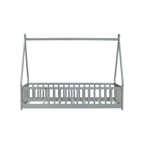 Bellemave Twin Size Floor Bed with Door, Teepee Tent Bed Beds, Twin Montessori Floor Bed with Guardrails, Wood House Bed with Slats, Grey