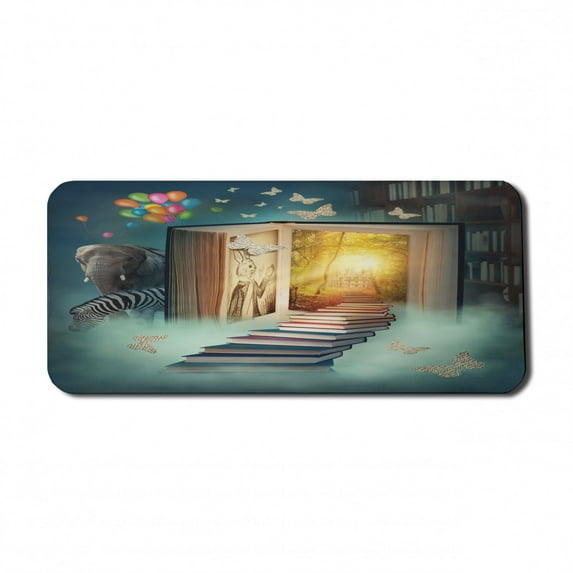 Fantasy Computer Mouse Pad, Upstairs to Magic Book Forest Balloon Zebra Animal Butterflies, Rectangle Non-Slip Rubber Mousepad X-Large, 35" x 15" Gaming Size, Teal and Yellow, by Ambesonne