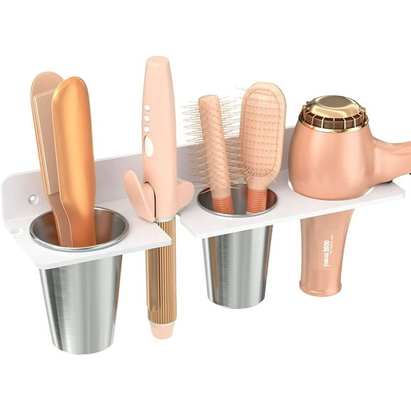 Wall Mount Hair Tool Organizer, White Acrylic Hot Iron Holder with 2 Stainless Steel Cups for Bathroom Storage
