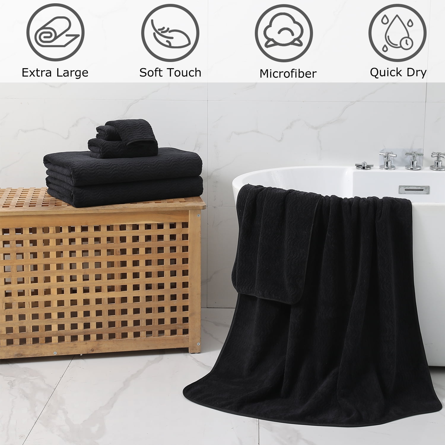 Beartech 8 Piece Microfiber Bath Towel Set ,2 Oversized Bath Sheet,2 Hand Towels,4 Washcloths, Extra Large, Soft & Less Lint Bathroom Towels Highly Absorbent Quick Dry Towels-Black