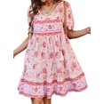 thumbnail image 2 of Women Casual- Summer Dress Boho V Neck Short Sleeve Babydoll Floral Print Flowy Beach Dress Pink S, 2 of 9
