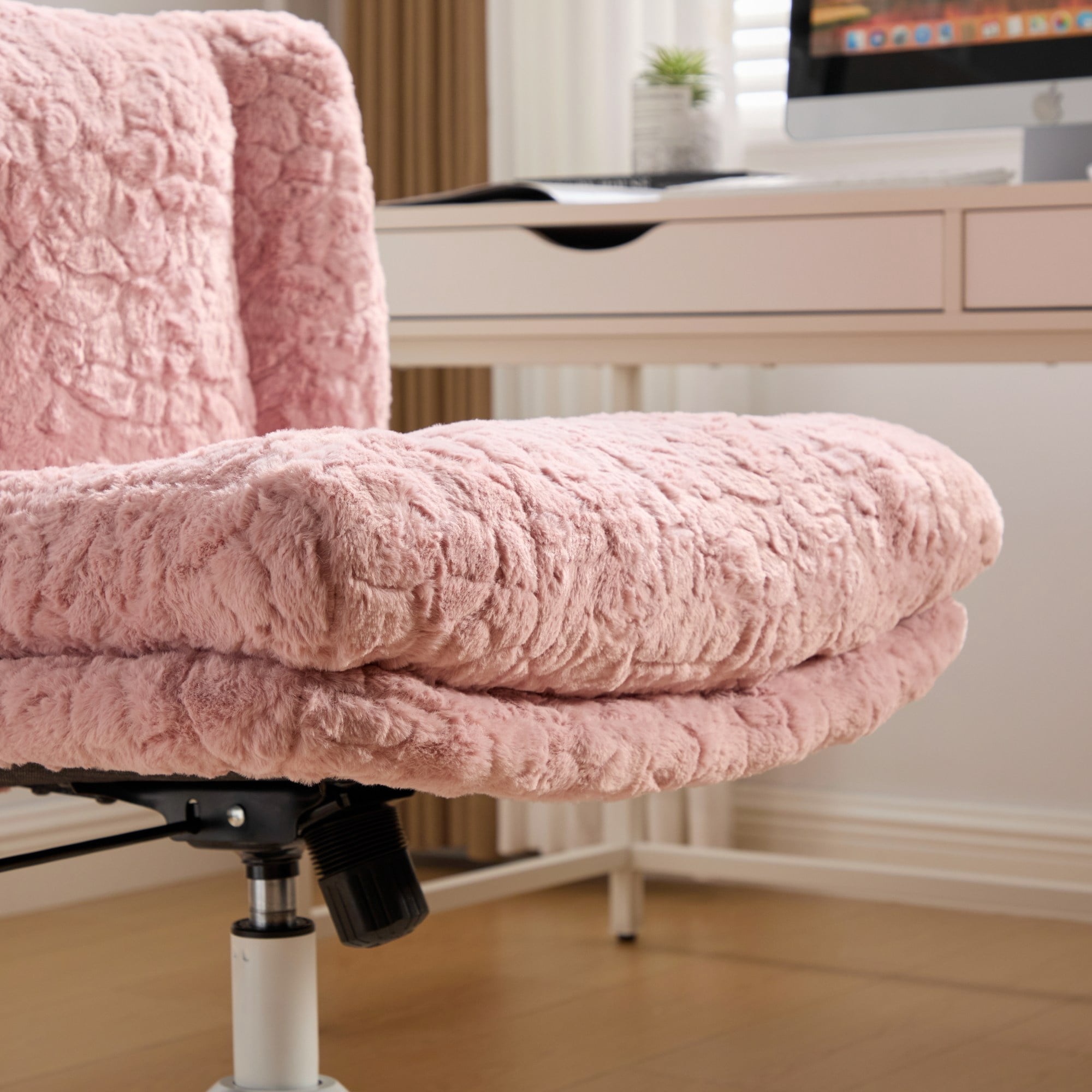 PAPROOS Vanity Chair with Back, 26.4" Wide Armless Home Office Chair with Artificial Rabbit Hair, Metal Base, Adjustable Swivel Ergonomic Desk Chair with Wheels, Computer Task Seating, Pink