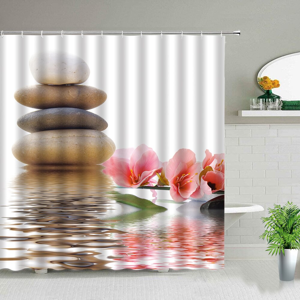 Zen Style Shower Curtain Spa Stones Waterproof Hanging Curtains