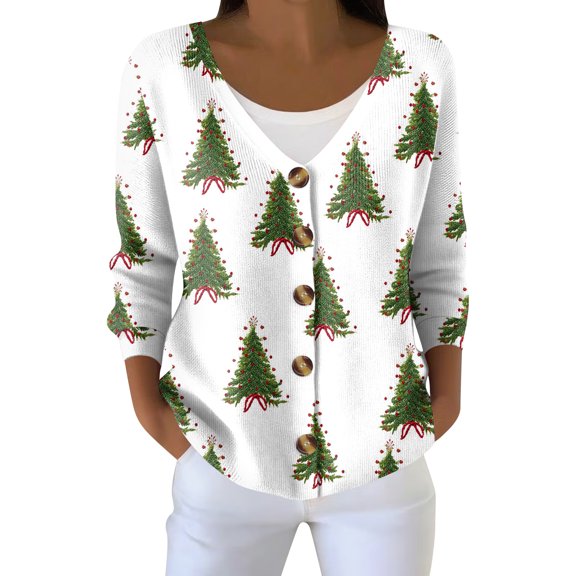 Women's Fashion Long Sleeve Christmas Snowman Snowflake Print Jacket Cardigan for Holiday Party and Casual Daily Wear,White,2XL