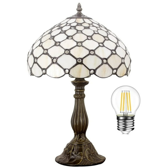 Tiffany Lamp Table Bedside Lamp Cream Amber Stained Glass Desk Reading Bead Light 18" Tall Living Room Bedroom Vintage Library Banker Traditional Boho Memory Sympathy WERFACTORY LED Bulb Better