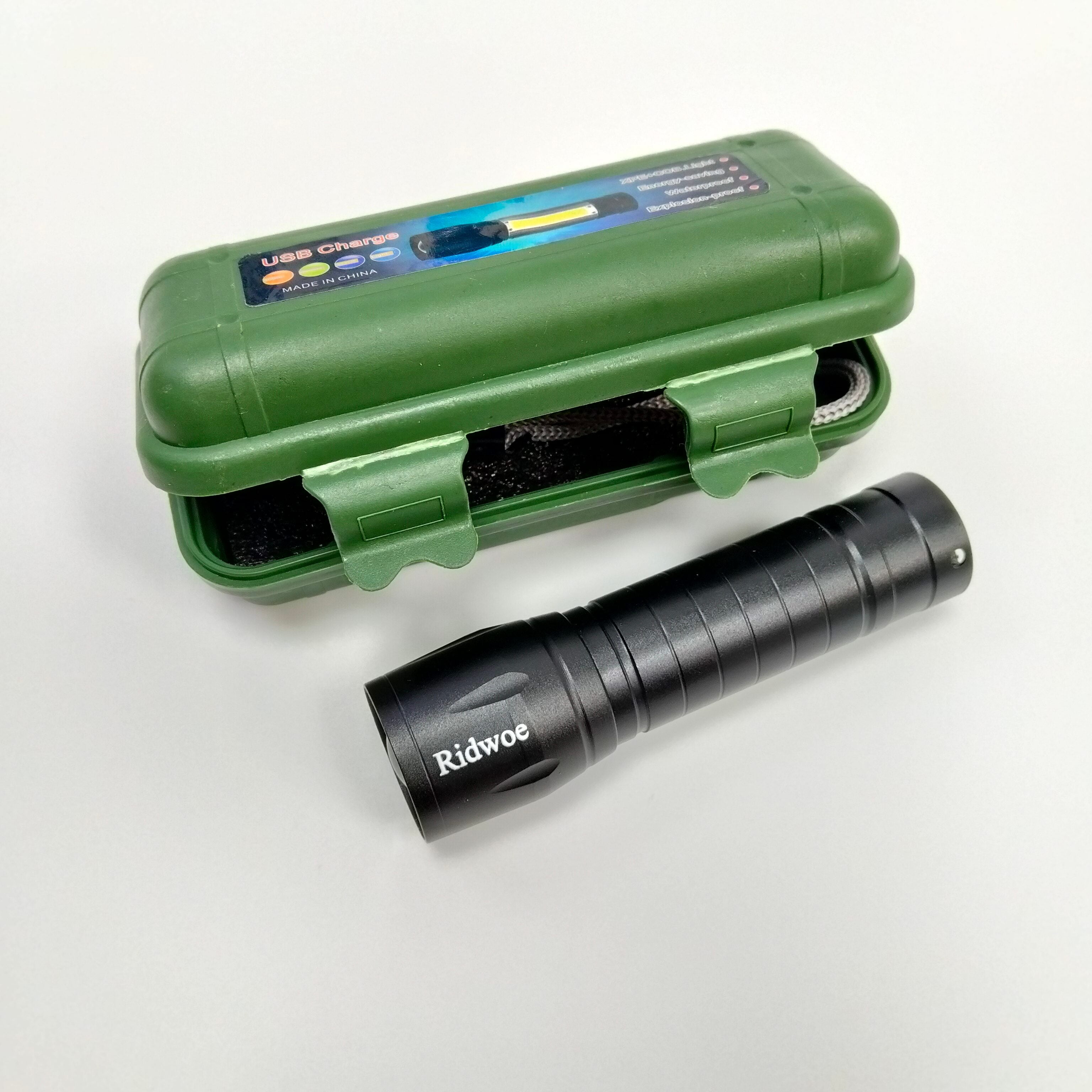 Ridwoe Flashlights Rechargeable LED Flashlight with Green Storage Case, Black, Compact Design
