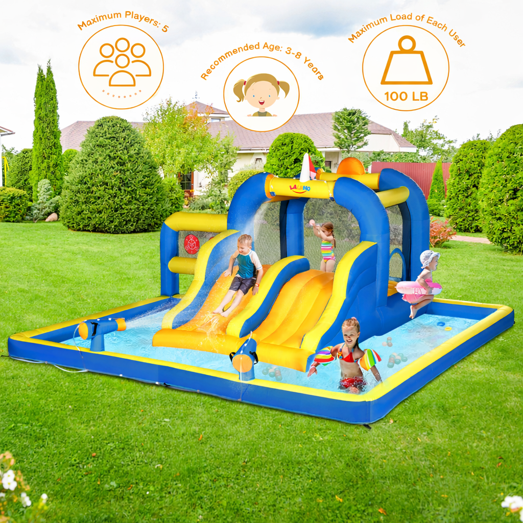 Ktaxon 7-in-1 Inflatable Water Slide Bounce House with Blower, Dual Slides Water Park, Bounce Area & Basketball Hoop for Kids Backyard
