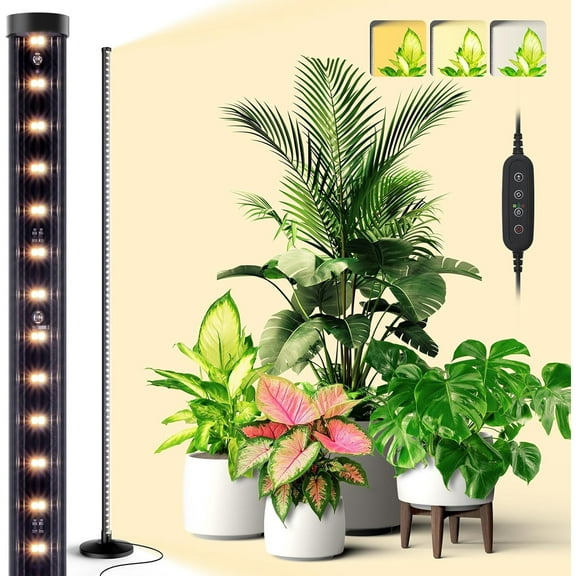 Standing Grow Light for Indoor Plants, Vertical Grow Light with 3 Light Modes, Wide Illumination and Dimmable, T10 Full Spectrum Floor Grow Lights, 16in-65in Adjustable Height & Auto Timer