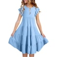 thumbnail image 1 of PMVFHDE Robes Filles Robes d'Été Filles Double Couche Manches à Volants Robe Fluide Ligne A Décontractée Dégradé Midi Robes Bleu Clair, 12-13 Ans, 1 of 7