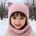 thumbnail image 2 of lnmuld Solid Kids Cat Ear Knitted Balaclava Hat Integrated Neck Warmer Windproof Winter Headwear for Boys Girls Light Pink,1-5 Years, 2 of 4