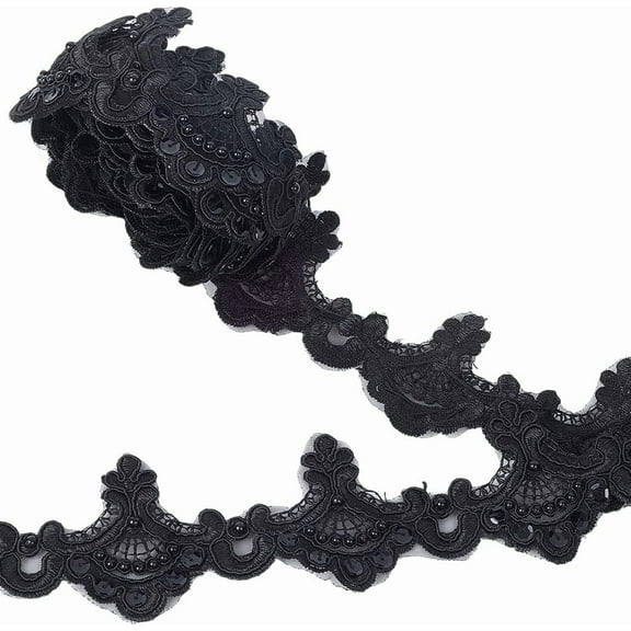 3 Yards 2.4 Inch Venice Lace Trim Black Embroidery Scalloped Sewing Trims Metallic Wave Flower Beaded Sequin Edge Ribbon Wedding Applique for Curtain Slipcover Bridal Home Decor DIY Crafts