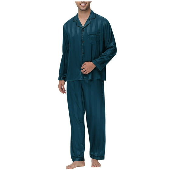 Dovford Mens Silky Satin Pajamas Set Long Sleeve Top and Long pants Nightwear Button-Down Pj Sets Sleepwear