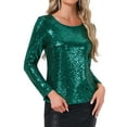 thumbnail image 4 of INSPIRE CHIC Blusa de lentejuelas brillantes para mujer, escote redondo, mangas largas, blusa de fiesta, talla L, verde oscuro, 4 of 5