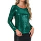 thumbnail image 4 of INSPIRAR CHIC Blusa de fiesta de mujer con lentejuelas y brillo, cuello redondo, manga larga, XS, verde oscuro, 4 of 5