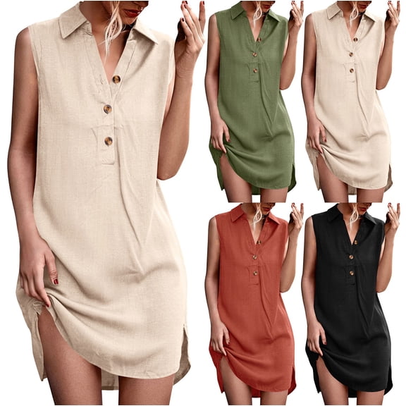 Women Collared V Neck Mini Summer Dress Sleeveless Front Buttons A Line Curved Hem Casual Spring Beach Dresses Black