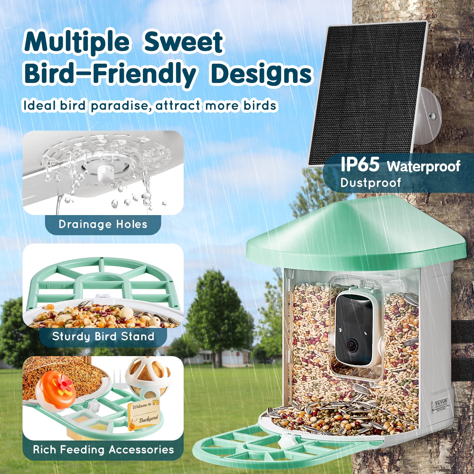 VEVOR Smart Bird Feeder with Camera, 2K HD AI Identify 10,000+ Bird Species, Solar-Powered Bird Watching Camera with Auto Capture & Instant Notify, Wireless Outdoor Ideal Gift