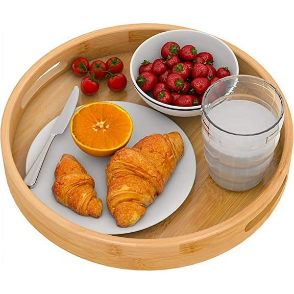 Round Serving Tray with Handles - Wood Bamboo Decorative Tray for Ottoman, Coffee Table Circle Tray