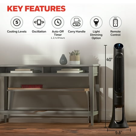 Honeywell 40 Black Quiet Set Oscillating Tower Fan, 30ft Air Circulation Power, 5 Speed, Auto Off Timer, HYF260B