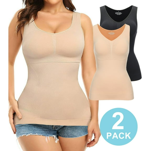 QRIC 2-Pack Women Cami Shapewear with Built in Bra Basic Yoga Tank Top Undershirts Body Shaper