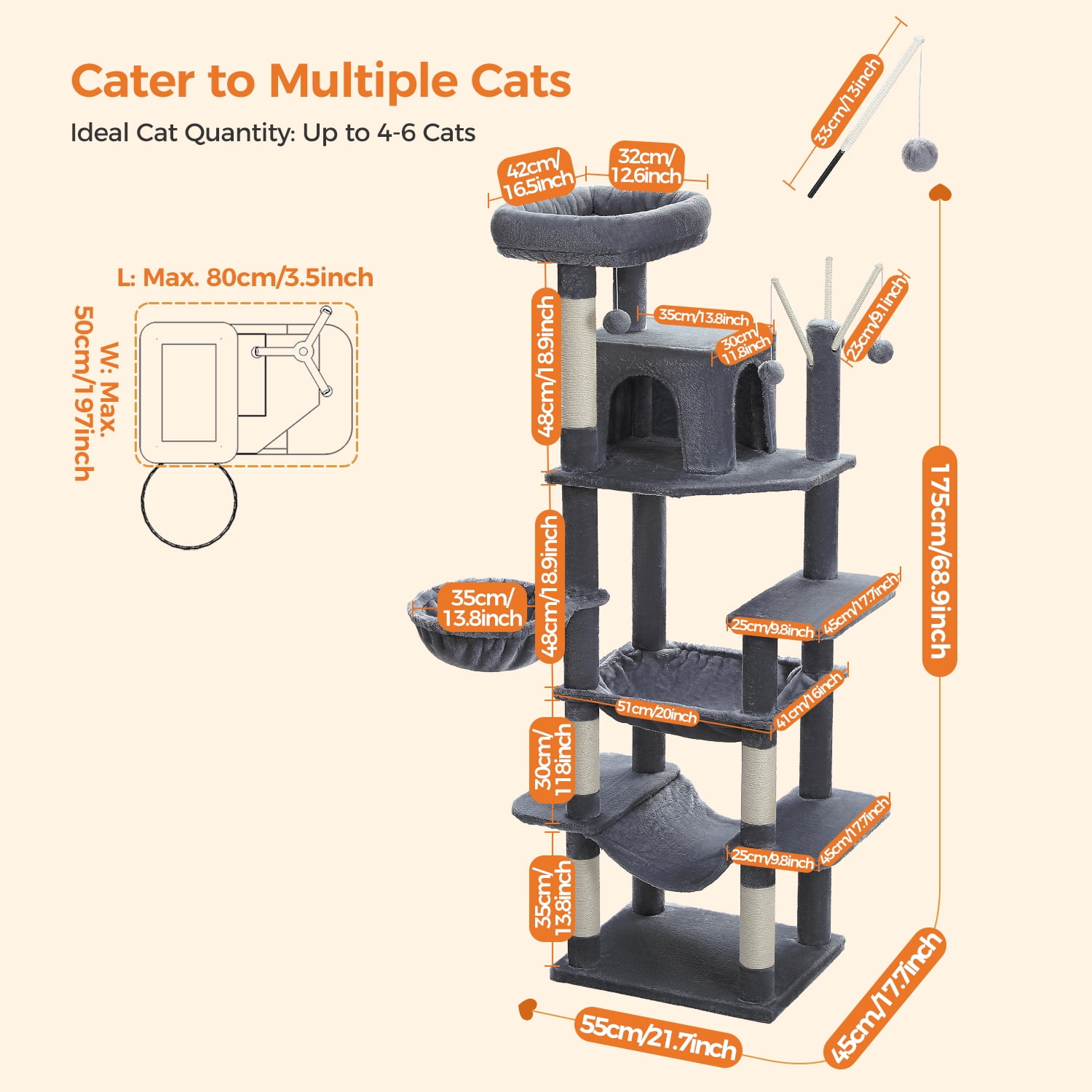 Pefilos 69" Cat Tree Tower for Indoor Large Cats, Fat Cats with Big Hammock, Cat Climbing Tree with Scratching Posts, Condo House and Top Perch, Dark Gray