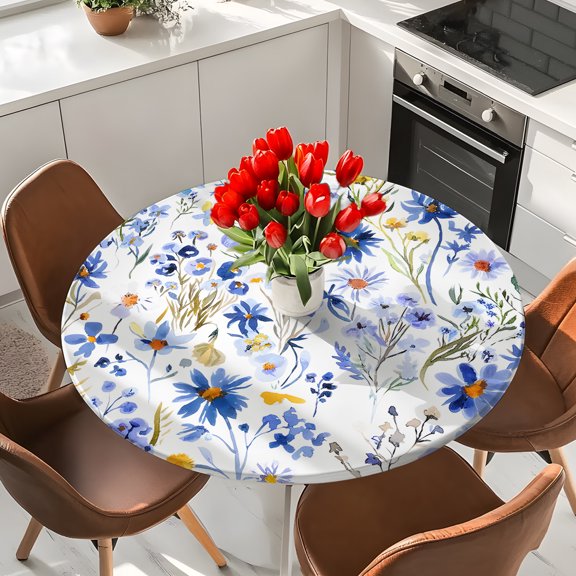 Blue Floral Elastic Fitted Round Tablecloth Elegant Watercolor Flower Plants Waterproof Outdoor Table Cover for Holiday Party, Picnic, Patio & Dining Fits Tables Up to 36"-44"