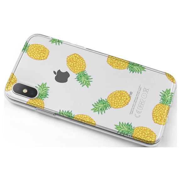 DistinctInk Clear Shockproof Hybrid Case for iPhone X / XS (5.8" Screen) - TPU Bumper, Acrylic Back, Tempered Glass Screen Protector - Repeating Pineapple Pattern