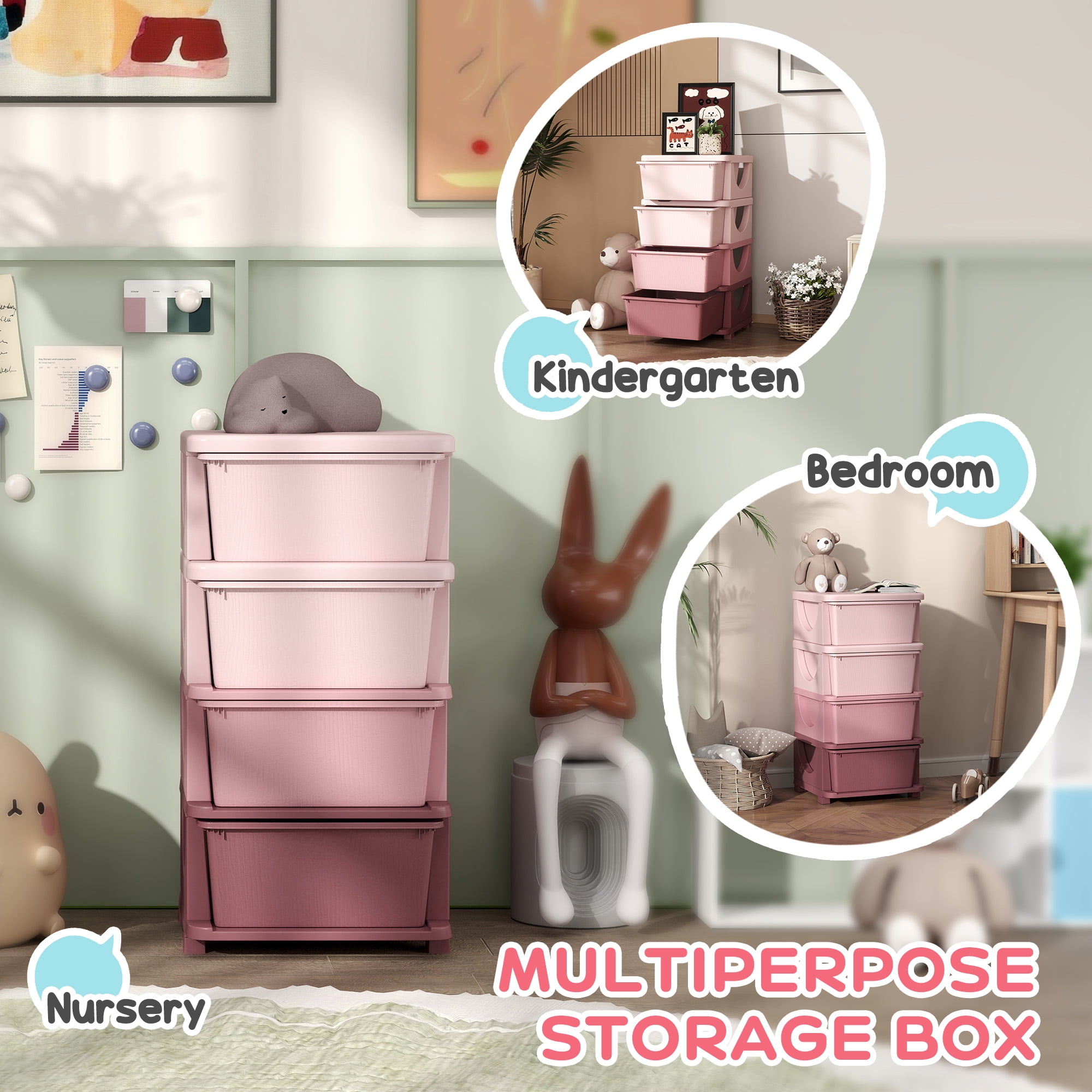 Qaba 4 Tier Kids Storage Unit Dresser Tower with Drawers Chest Toy Organizer for Bedroom Nursery Kindergarten Living Room for Boys Girls, Pink