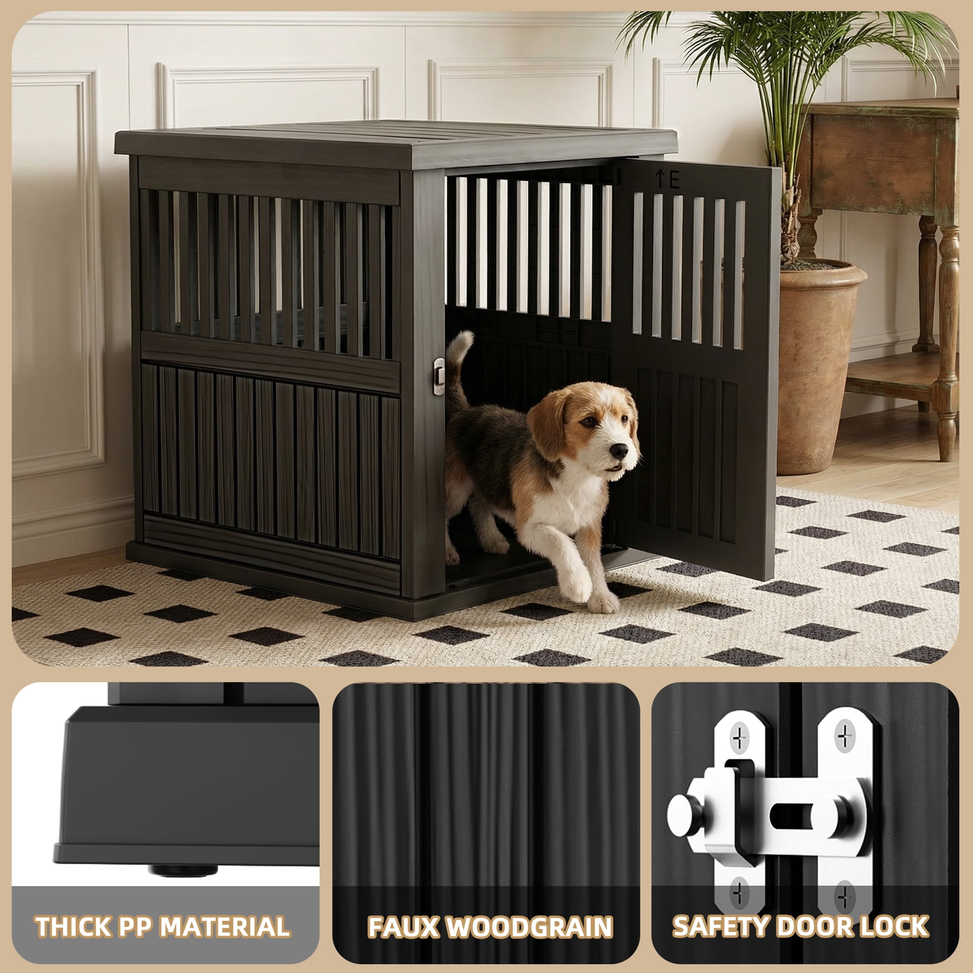 MAYEERTY Lockable Gate Pet Crate, Furniture-Style Kennel & Side Table for Home Patio, Black