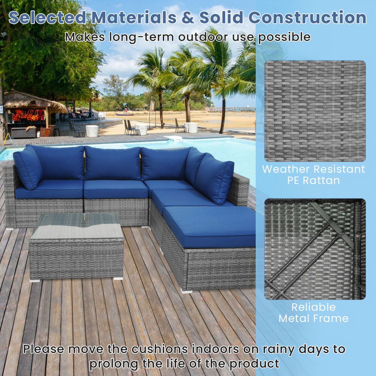 Aimee Lii 6 Pieces Outdoor Rattan Sofa Set with Seat and Back Cushions, Outdoor Patio Set, Navy