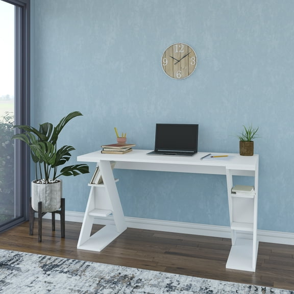 Ada Home Decor Minimalist Home Office Computer Desk Workstation with 3 Shelves Z-Shape Bookcase, White