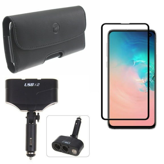 Galaxy S10e Screen Protector w Car Charger Splitter w Case Belt Clip - Tempered Glass 5D Curved Edge, DC Socket 2-Port USB Power, Leather Holster Cover for Samsung Galaxy S10e Phone