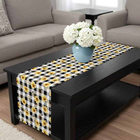 Farmhouse Yellow Daisy Flower Bee Table Runner 72 Inches Long,Kitchen Dining Tablerunners Country Black White Plaid Linen Table Runners Dresser Scarves for Home Dinner Wedding Holiday Party Decor