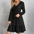thumbnail image 2 of Yyeselk Womens Long Sleeve Casual Dresses V Neck Loose Solid Color Ruched Comfy Swing Empire Waist Ruffle Hem Flowy Knee Length Dress Black XL, 2 of 6