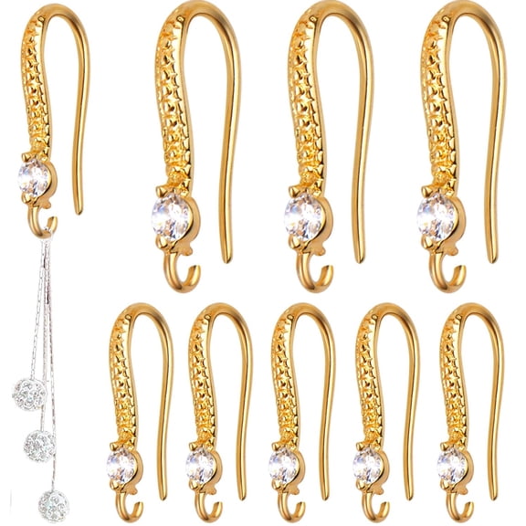 10pcs Gold Plated Brass Cubic Zirconia Earring Hooks French Fish Hooks Ear Wires with Loops Dangle Earrings Connectors for DIY Jewelry Crafts Making Party Festival Christmas Favor