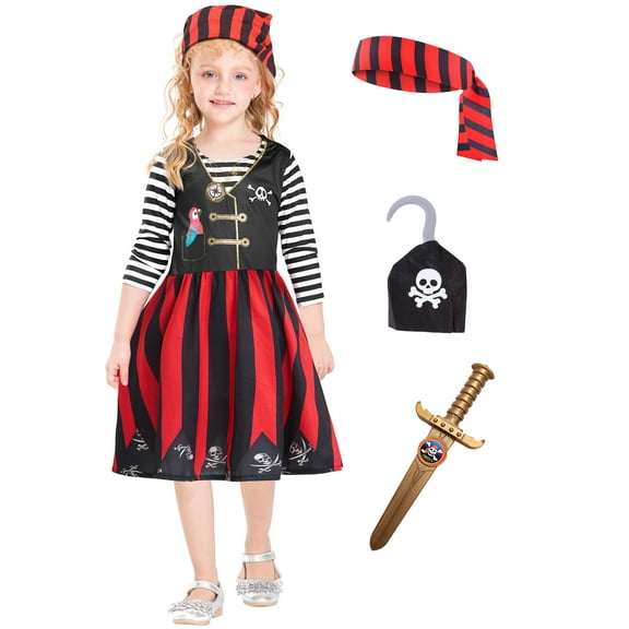 Girls Pirate Costume, Sea Buccaneer Dress Accessories Set for Kids Halloween 8-10 Years