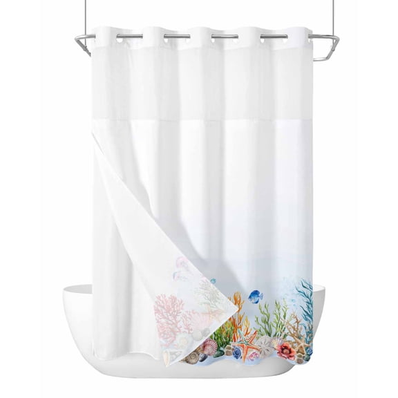 No Hook Shower Curtain with Snap-in Liner, Blue Coastal Waterproof Fabric Bathroom Curtains, Summer Beach Coral Shell Nautical Ocean Bath Curtains & Mesh Top Window 60"x72"