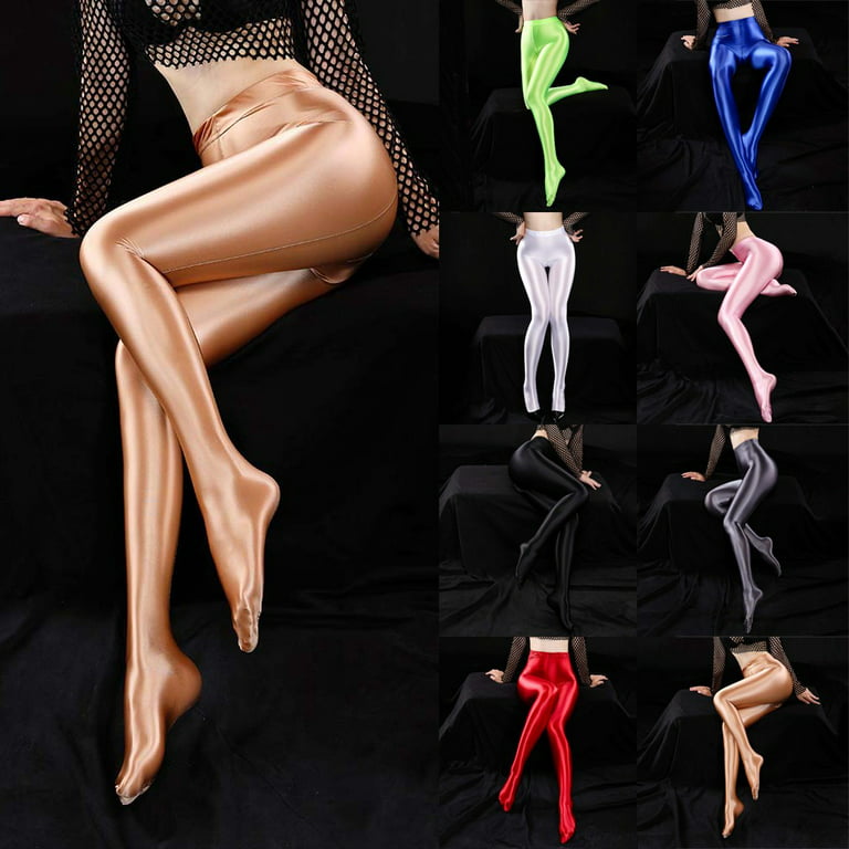 ALSLIAO Women's Shiny Silky Pantyhose Satin Glossy Stockings Nylon Yoga  Tights Dancewear Deep Fluorescent Green M 