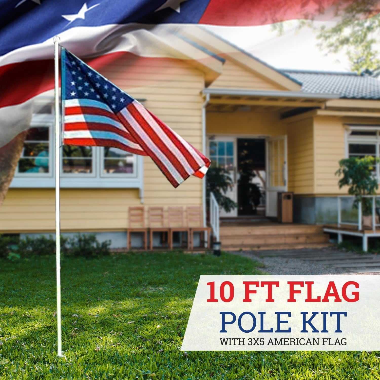 10ft Flag Pole Kit with 3x5 American Flag - Multicolor, Aluminum, Easy Install for Garden & Outdoor - Ideal for Memorial Day, 4th of July, Veterans Day Celebrations