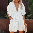 thumbnail image 5 of Lmnyox Women's Fashion Mini Dress Short Sleeve V Neck Flowy Smocked Dress Summer Casual Sundress, 5 of 9