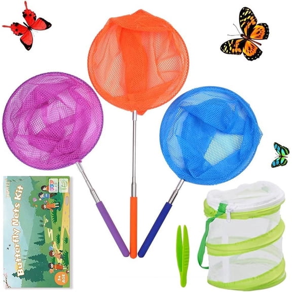 DEWEL 3-Pack Colored Telescopic Butterfly and Bug Catching Outdoor Nets for Catching Bugs Fish Insect,Pop up Mesh Cage Tweezers and Pliers Kit Extendable 34 inches