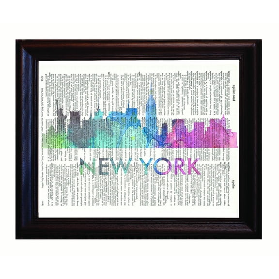 New York Love Your City Watercolor Skyline Dictionary Art Print Printed On Authentic Vintage Dictionary Book Page-8x10.5