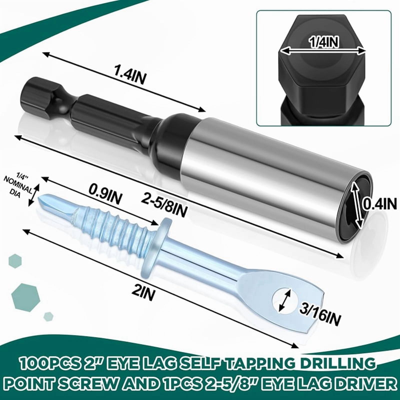 100Pcs 2Inch Eye Lag Self Tapping Drilling Point Screw Zinc and 1pcs 2-5/8Inch Driver, Sturdy Eye Lag Self Drill Screw